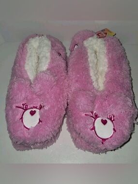 NEW-Small Care Bare Pink Fuzzy Women's Slippers with Heart Embroidered & Face